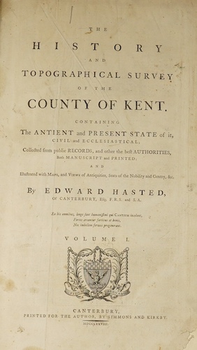 Hasted, Rev. Edward - The History and Topographical Survey of the County of Kent. Containing the ancient and present state of it, civil and ecclesiastical ... First Edition, 4 vols. complete with all the num. folded Hund